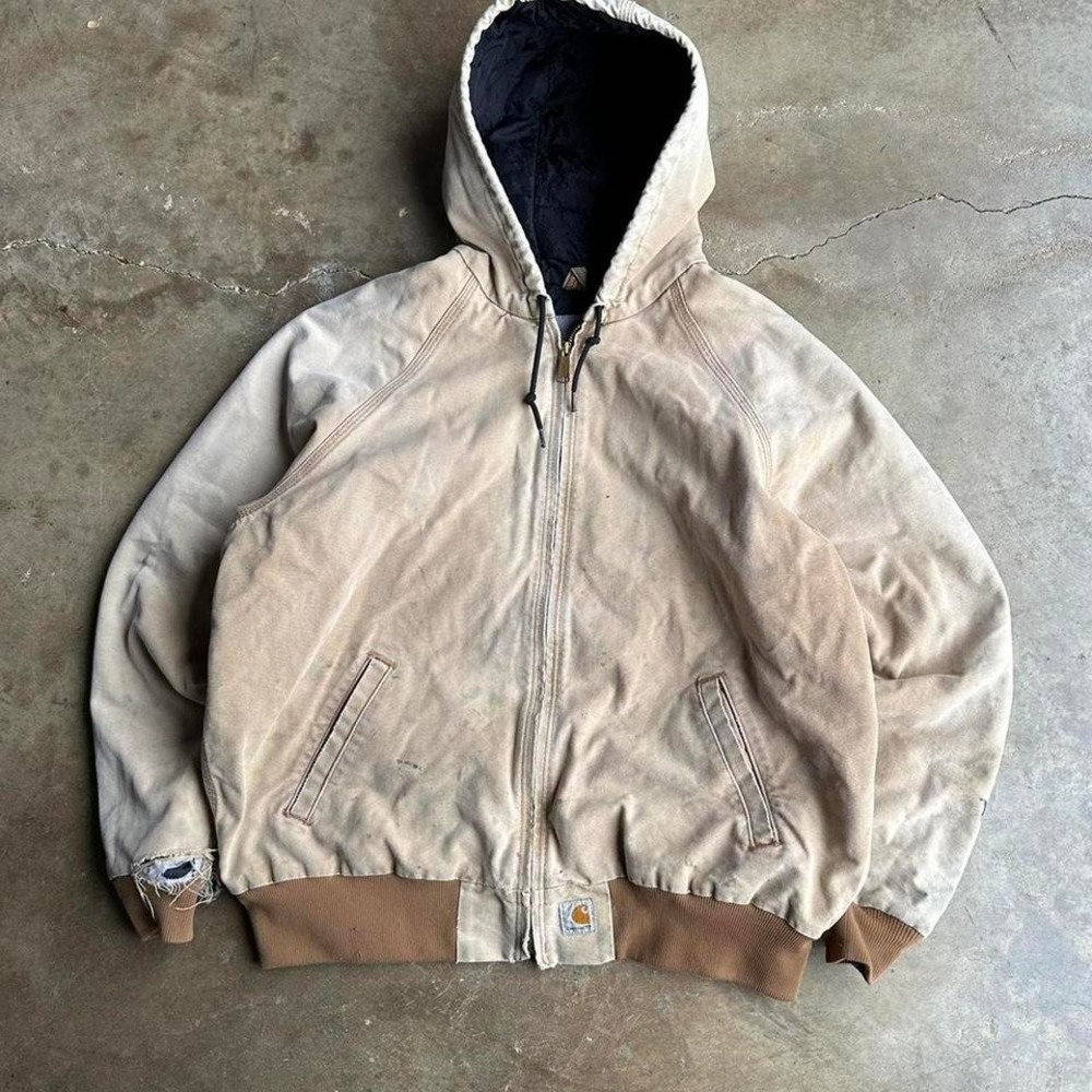Vintage distressed faded Cream and tan Carhartt hooded jacket